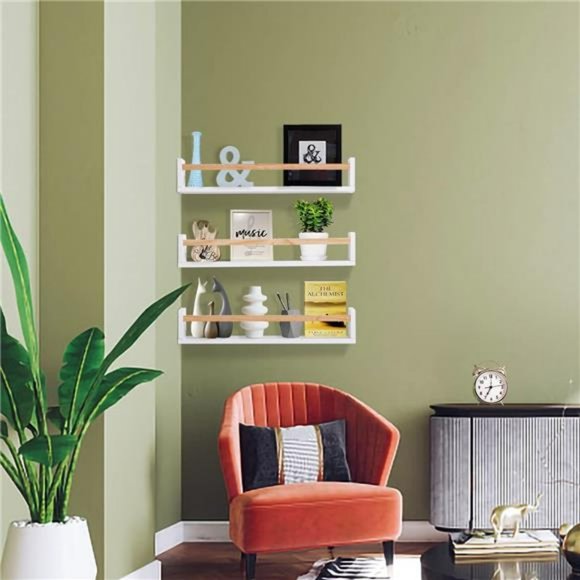 White Nursery Book Shelves Set of 3 Naturel Wood Bookshelf Wall Floating - Picture 3 of 6